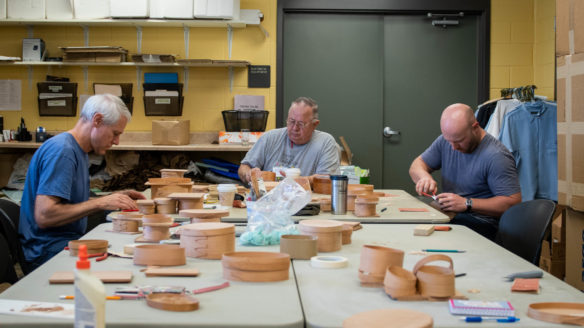 Berea Workshop goers make wooden nesting boxes as part of the woodworking class. Photo by Bobby Ellis, July 19, 2018