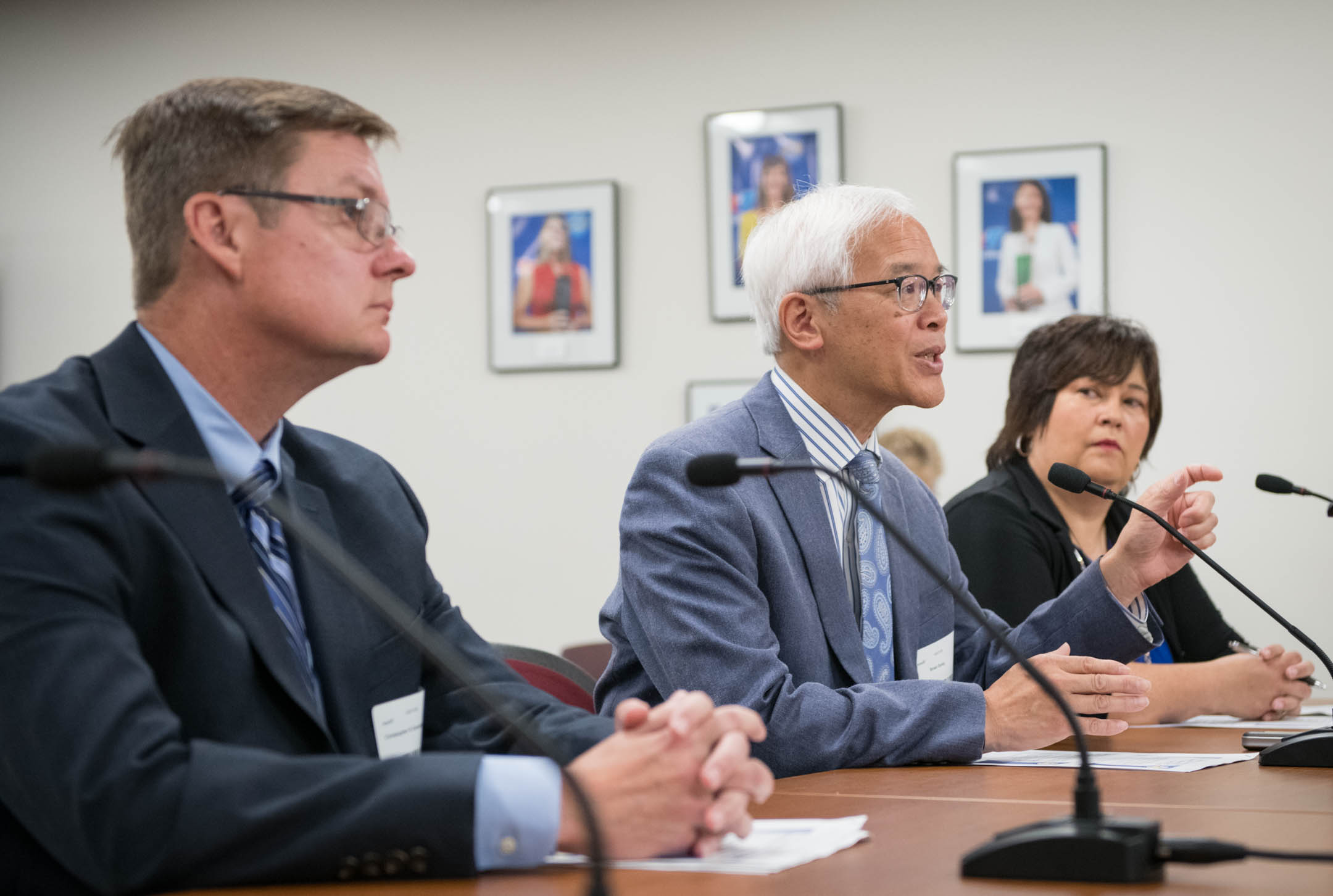 Center for Assessment Facilitator Brian Gong, center, presents with Center for Assessment Facilitator Chris Domaleski and Associate Commissioner Rhonda Sims over an update from the Accountability Performance Standard Setting Committee during a special meeting of the Kentucky Board of Education. Photo by Bobby Ellis, Sept. 5, 2018