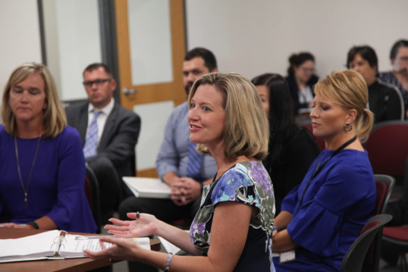 Associate Commissioners Amanda Ellis speaks with with members of the Curriculum, Instruction and Assessment Committee of the Kentucky Board of Education about changes to Kentucky Academic Standards at its meeting Oct. 2. The full board approved new or revised standards in computer science, reading and writing, health, mathematics and physical education. Photo by Megan Gross, Oct. 2, 2018