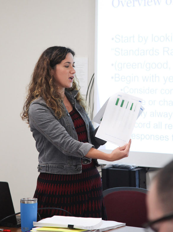 Kentucky Department of Education Social Studies Consultant Lauren Gallicchio works with teachers from across Kentucky serving on the Social Studies Advisory Panel to consider and respond to more than 5,000 comments received from the public about the proposed new social studies standards. Photo by Megan Gross, Oct. 15, 2018