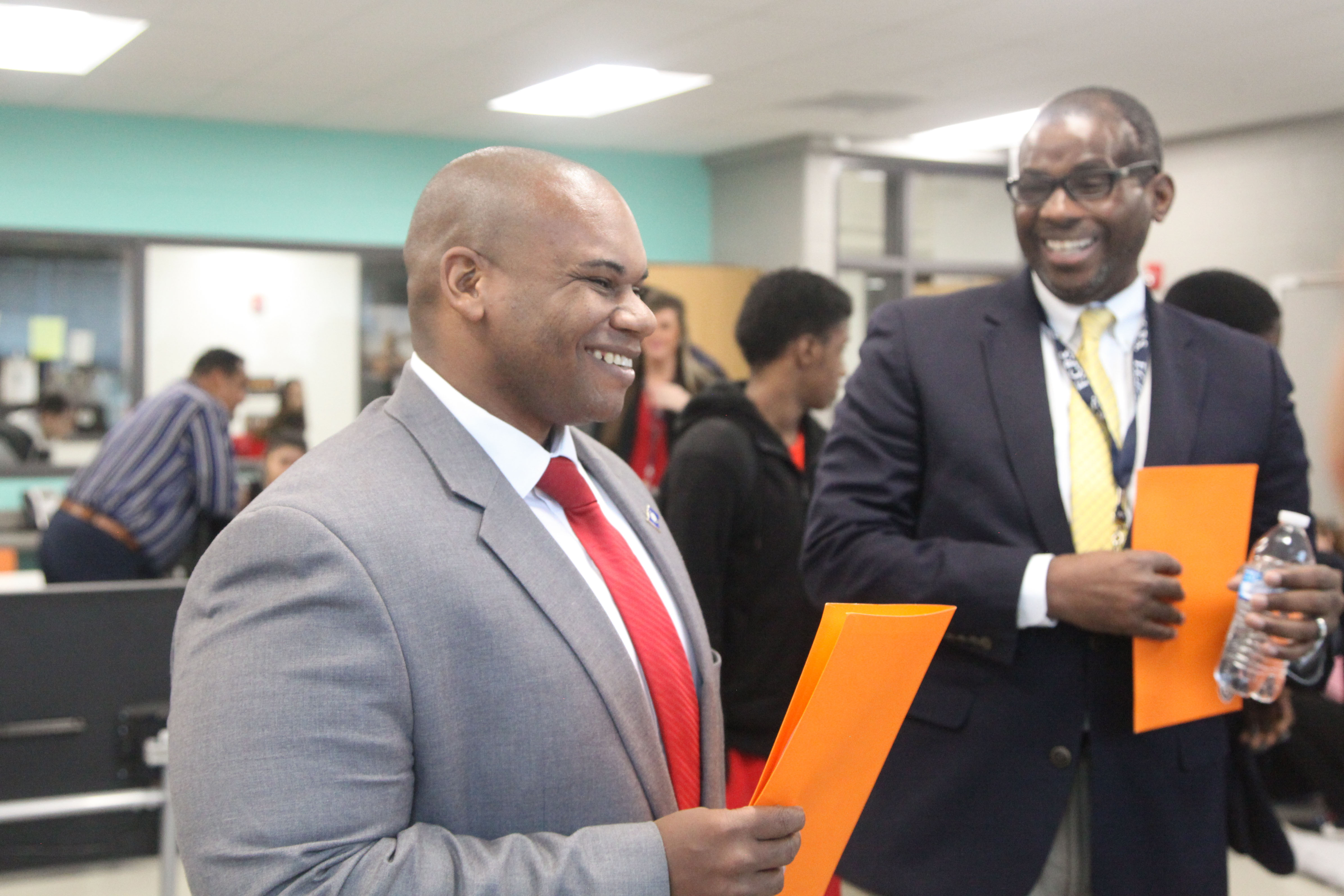 Commissioner of Education Wayne Lewis, left, talks with Fayette County superintendent Manny Caulk during a visit to Frederick Douglass High School (Fayette County). Lewis said he has always been in awe of great teaching, and that he looks for it during school visits. Photo by Megan Gross, Dec. 3, 2018