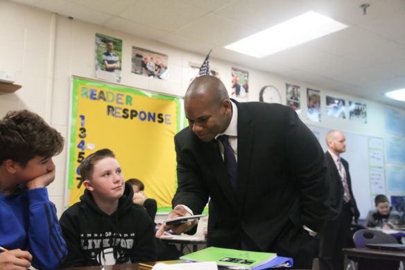 Commissioner Wayne Lewis talks with more students at Bernheim Middle School about their classwork and teachers. Photo by Megan Gross, Jan. 29, 2018