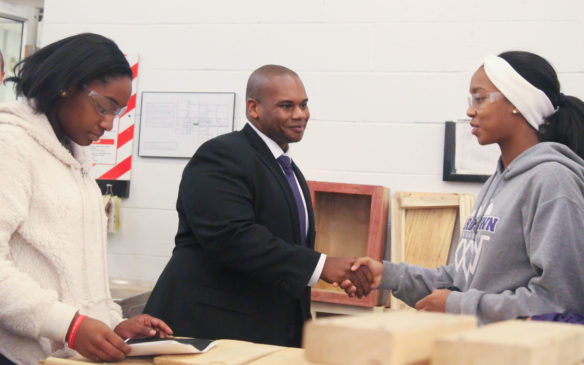 Students in a woodworking class at Bullitt Area Technology Center greeted Education Commissioner Wayne Lewis on a tour of the school before the “Conversations with the Commissioner” event. Photo by Megan Gross, Jan. 29, 2018