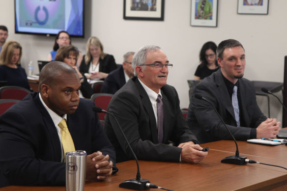 Education Commissioner Wayne Lewis, from left, Associate Commissioner David Horseman and Kiley Whitaker, assistant director in the Office of Career and Technical Education, address the Kentucky Board of Education at its Feb. 6 meeting. The board passed a resolution requesting the Kentucky General Assembly to form a task force in 2019 focused on making structural and funding reforms in career and technical education in Kentucky ahead of the 2020 biennial budget session. Photo by Megan Gross, Feb. 6, 2019