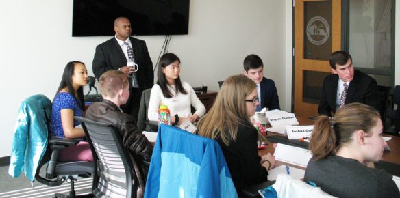 Education Commissioner Wayne Lewis, center, met with members of the Commissioner’s Student Advisory Council on Feb. 13. Twenty-six students from across Kentucky were selected to serve on the council, which advises the Kentucky Department of Education about how policies impact students in the classroom. Photo by Donna Melton, Feb. 13, 2019