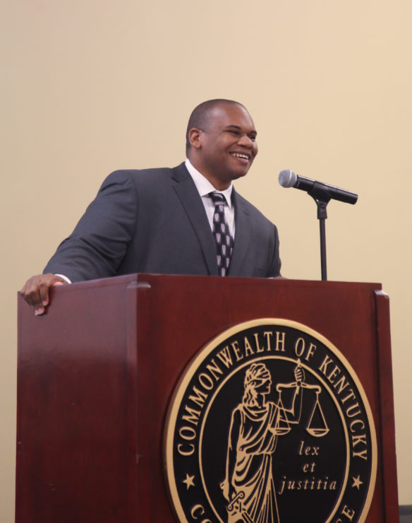 Kentucky Education Commissioner Wayne Lewis addresses newly certified teachers at a National Board for Professional Teaching Standards recognition ceremony in Frankfort. Lewis called on the newly certified teachers to help promote teaching as a career option and to help ensure high-quality, effective instruction for all of Kentucky’s students. Photo by Megan Gross, Feb. 19, 2019