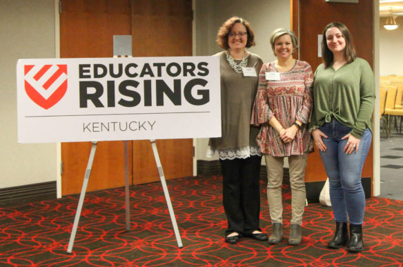 Shelby Halstead, from left, Kristen Story and Kaitlyn Witt pose for a picture at the Educators Rising Kentucky annual state conference and competition. Story is an English teacher and Educators Rising adviser at Lincoln County High school, where both Halstead and Witt attend. Photo by Megan Gross, March 6, 2019