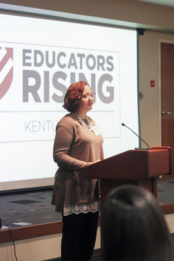 Lincoln County senior Shelby Halstead speaks to her peers at Educators Rising Kentucky. Educators Rising Kentucky students have opportunities to participate in projects that assist and recognize educator practices through local, state and national conferences, as well as performance-based competitions. Photo by Megan Gross, March 6, 2019