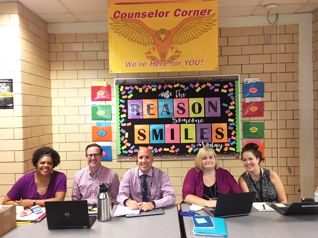 Seneca High School (Jefferson County) counselors wanted to have a full table at lunch that was accessible to every student, every day, in every lunch. Pictured, from left, are counselors Strauzie Collins, Ryan Hite, Carlos Rul-lan, Tracy Fussnecker, Jennifer Rul-lan. Submitted photo