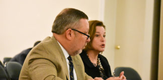 Kentucky Department of Education Associate Commissioner Robin Kinney and KDE Division Director Charles Harman provided a 2020-2022 Biennial Budget Update to the Kentucky Board of Education at its April 8 meeting. Photo by Jacob Perkins, April 8, 2019