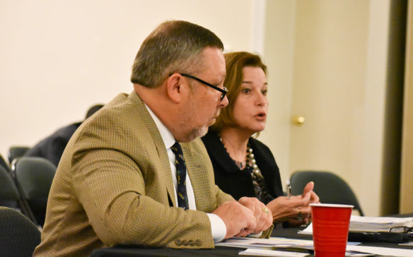 Kentucky Department of Education Associate Commissioner Robin Kinney and KDE Division Director Charles Harman provided a 2020-2022 Biennial Budget Update to the Kentucky Board of Education at its April 8 meeting. Photo by Jacob Perkins, April 8, 2019