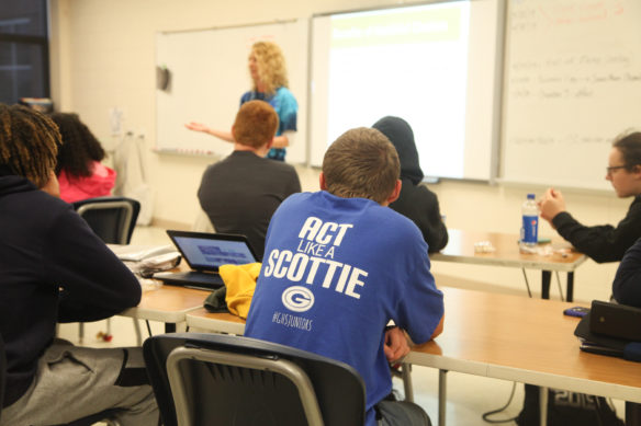 A Glasgow High School (Glasgow Independent) student wears a school T-shirt in Misty Claywell’s foods and nutrition class. Photo by Megan Gross, April 8, 2019