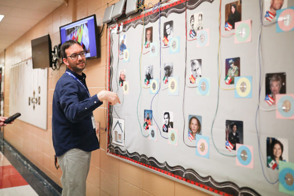 David Mato, instructional media teacher at Maxwell Elementary School (Fayette County), shows off the interactive bulletin board created by the school's STLP students. 