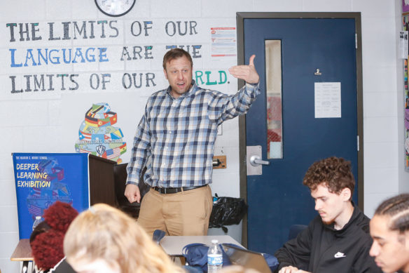 Matthew Kaufmann, the 2020 High School Teacher of the Year, empowers his students to use their writing as a way to give them a greater voice. His students often perform or present their work on stages both inside and outside the Marion C. Moore School (Jefferson County). Photo by Mike Marsee, May 2, 2019