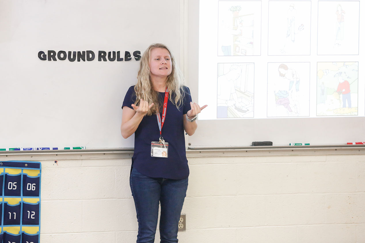 Samantha Fowler makes a point using American Sign Language during one of the two ASL classes at West Jessamine High School (Jessamine County). Photo by Mike Marsee, May 10, 2019