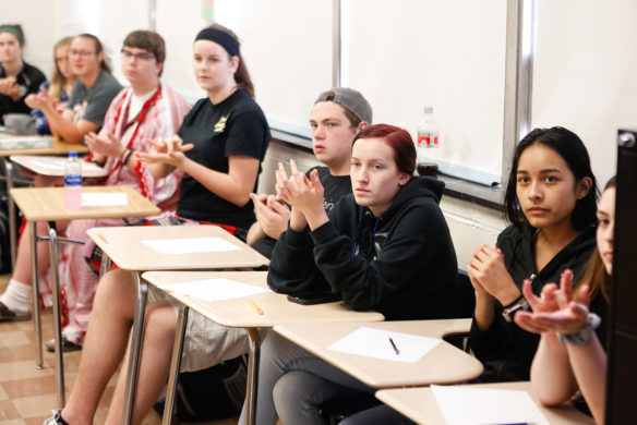 A group of students communicates using American Sign Language in a class at West Jessamine High School (Jessamine County). Photo by Mike Marsee, May 10, 2019