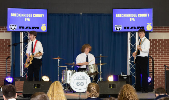 Andrew Tate, from left, Andrew Board and Aaron McGillivray from Breckenridge County perform on the talent stage that was erected at the 2019 FFA State Convention Expo.