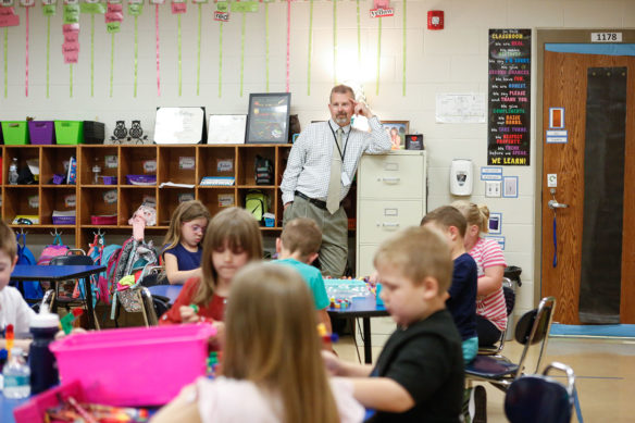 Principal Jeff Durham watches the activity in a kindergarten classroom at Wyan-Pine Grove Elementary School (Laurel County).