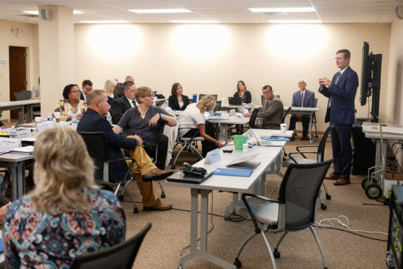 Chris Domaleski of the Center for Assessment leads a discussion with a panel of educators and other stakeholders who are working to define the parameters of Kentucky’s new 5-star accountability system. 