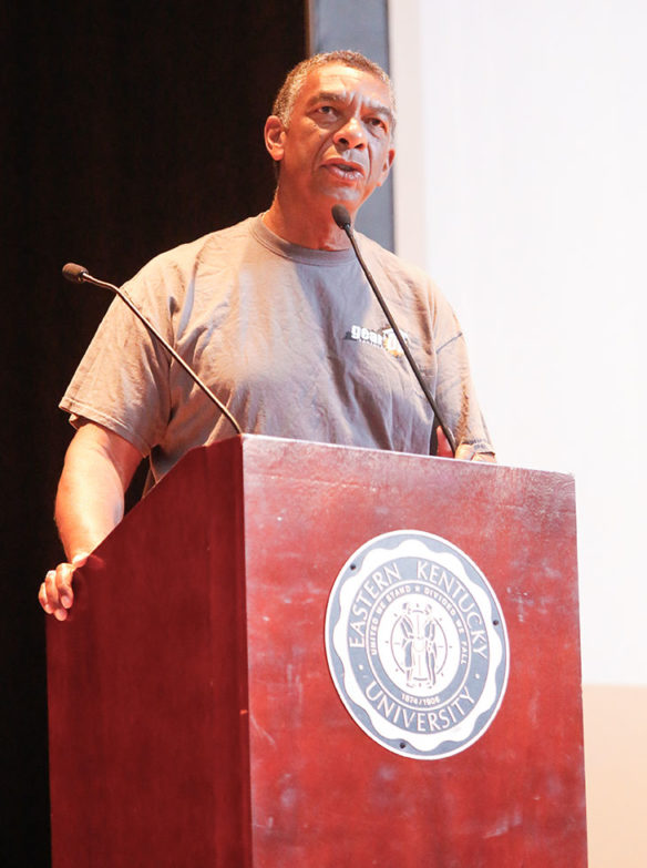 Aaron Thompson, president of the Kentucky Council on Postsecondary Education, tells students at the GEAR UP Kentucky kickoff celebration that the program will help them understand how to take a successful route to postsecondary education. Photo by Mike Marsee, Sept. 25, 2019