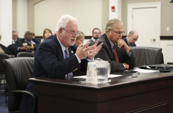 Rep. Bobby McCool (R-Van Lear), left, speaks to the Kentucky General Assembly’s Interim Joint Committee on Education as Sen. Mike Wilson (R-Bowling Green) listens during a meeting at the Capitol Annex in Frankfort. Photo by Mike Marsee, Nov. 20, 2019