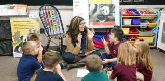 Kindergarten teacher Erin Donnerman works with a group of students during a class at Brandenburg Primary School (Meade County).