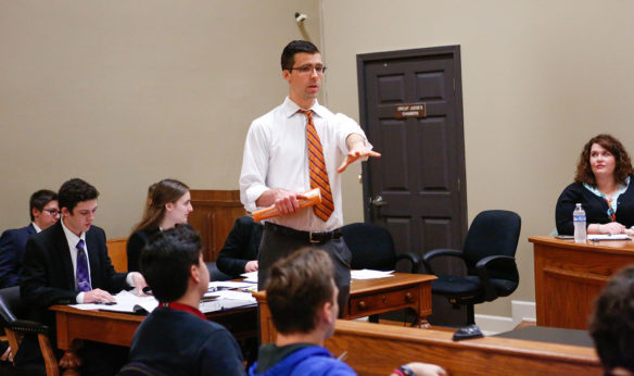 Will Hall, the criminal law teacher at Jessamine Career and Technology Center (Jessamine County), talks to students prior to the start of a mock trial practice at the Jessamine County Courthouse. Photo by Mike Marsee, Dec. 9, 2019