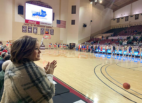 Lt. Gov. Jacqueline Coleman applauds at the end of a game in the All “A” Classic basketball tournament in Richmond. Photo submitted, Jan. 23, 2020