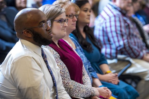 Marcus Blakeney, a mathematics teacher at Fern Creek High School (Jefferson County), and Traci Blanford, a family and consumer sciences teacher at Washington County High School, join other new National Board Certified Teachers (NBCTs) at a recognition ceremony in Frankfort. Photo by Marvin Young, Feb. 11, 2020