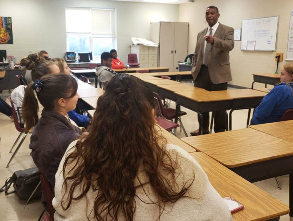Aaron Thompson, who was named president of the Council on Postsecondary Education in 2018, hears from students at Bryan Station High School (Fayette County) during a listening tour.