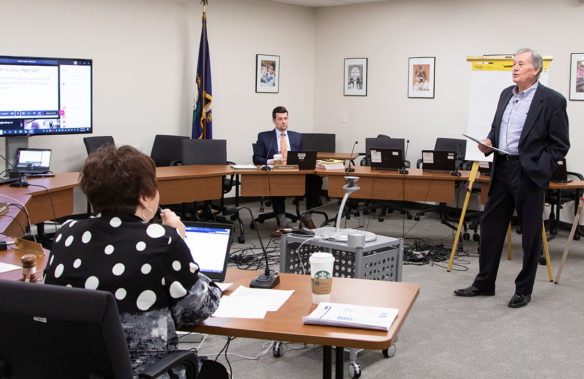 Former Kentucky Education Commissioner Gene Wilhoit, right, works with members of the Kentucky Board of Education at a March 18 meeting to compile a list of characteristics they would like to see in a new commissioner.