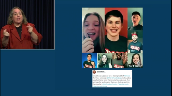 Virginia Moore, an American Sign Language interpreter, signs “We Go Together,” as the video that the McCracken County High School drama students made plays during Gov. Andy Beshear's COVID-19 address.