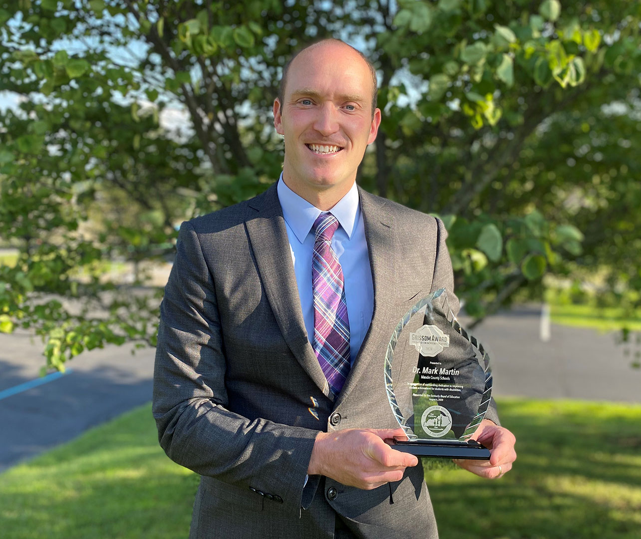 Mark Martin, the new superintendent of Meade County Schools, was presented with the 2020 Grissom Award for Innovation in Special Education at the Kentucky Board of Education’s Aug. 6 meeting.