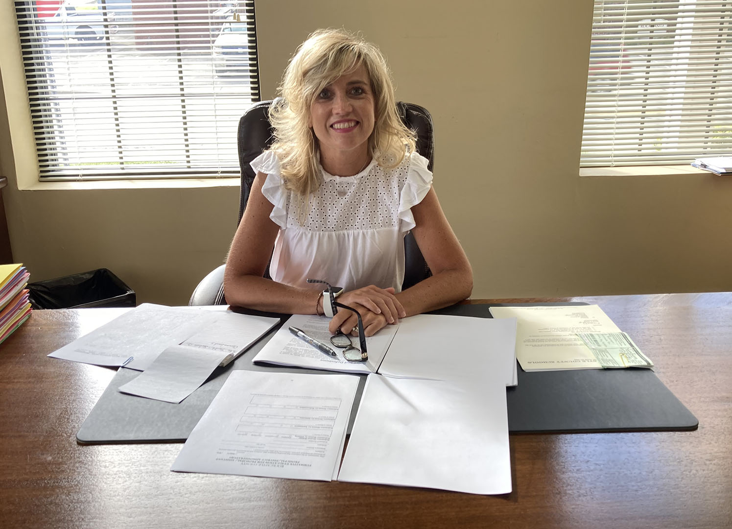 Carrie Ballinger, Rockcastle County's new superintendent, works at her desk in Mt. Vernon.