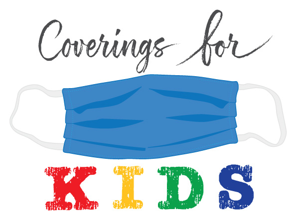 Logo of a face mask with the words Coverings for Kids