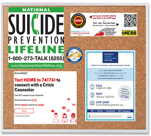 Picture of a virtual bulletin board that can be downloaded with links to the Suicide Prevention Lifeline, Crisis Text Line, STOP Tipline and the National Human Trafficking Hotline.