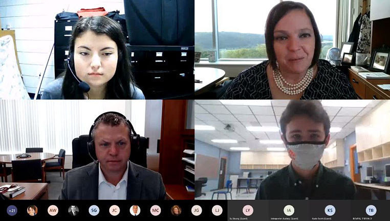 Members of the Commissioner’s Student Advisory Council discuss issues during their Sept. 15 virtual meeting. Dr. Jason E. Glass, lower left corner, attended his first council meeting as Kentucky's new commissioner of education.
