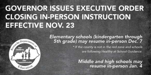 Graphic reading: Governor Issues Executive Order Closing In-Person Instruction, Effective Nov. 23. Elementary schools (K-5th grade) may resume in-person Dec. 7 if the county is not in the red zone and schools are following Healthy at School Guidance. Middle and high schools may resume in-person Jan. 4.