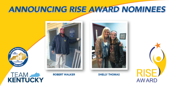 Graphic reading Announcing RISE Award Nominees, Robert Walker and Shelly Thomas.