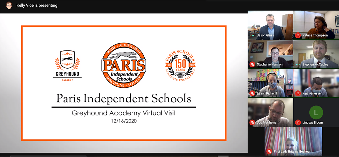 A screenshot showing nine people attending a virtual meeting. A card reads Paris Independent Schools Greyhound Academy Virtual Visit, 12/16/20