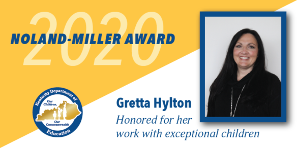 Graphic with a picture of a woman reading: 2020 Noland-Miller Award. Gretta Hylton honored for her work with exceptional children