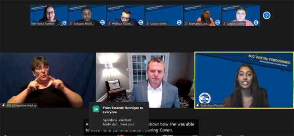 Screenshot of people talking over Zoom on a virtual town hall.