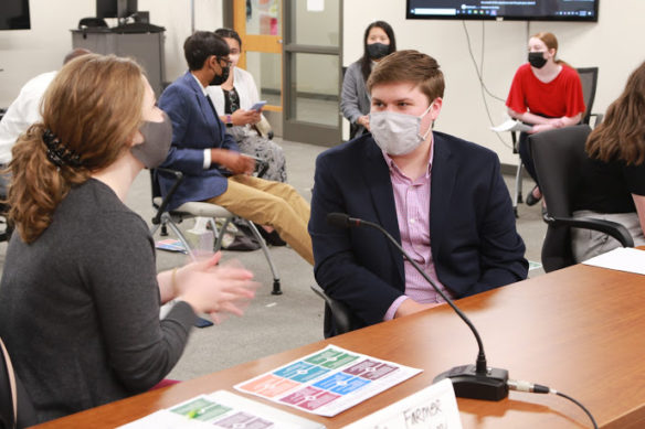 Sofie Farmer, a senior at Gatton Academy, speaks with fellow council member Logan Justice, a junior at Paul Laurence Dunbar High School (Fayette County), during the June 1 Commissioner's Student Advisory Council meeting.