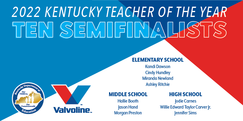Graphic reading Kentucky Teacher of the Year 10 semifinalists: Elementary School, Middle School and High School