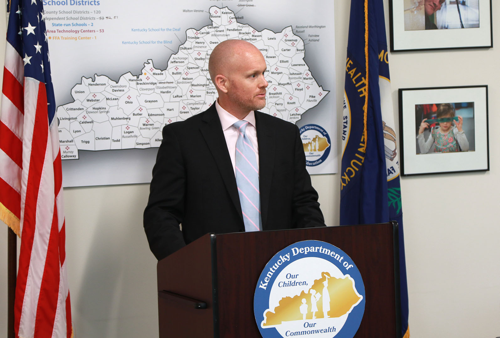 Photo of Jesse Bacon, superintendent of Bullitt County, speaking at a press conference on Aug. 16, 2021.