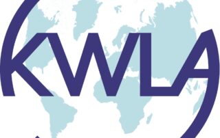 A logo with an outline of a world map and the letters KWLA.