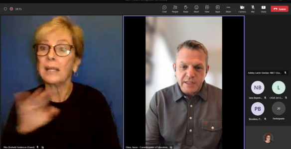 Kentucky Education Commissioner Jason E. Glass speaks during the National Board for Professional Teaching Standards virtual ceremony on Feb. 9. An interpreter is at left.