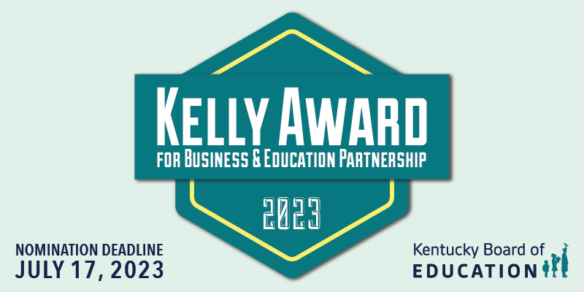 Graphic reading: Kelly Award for Business and Education Partnership 2023, nomination deadline July 17, 2023