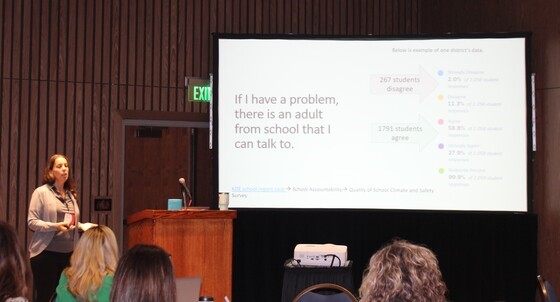A woman is standing next to a podium. She is talking to a group of photo. On the screen there is a prompt that reads: "If I have a problem, there is an adult from school that I can talk to"