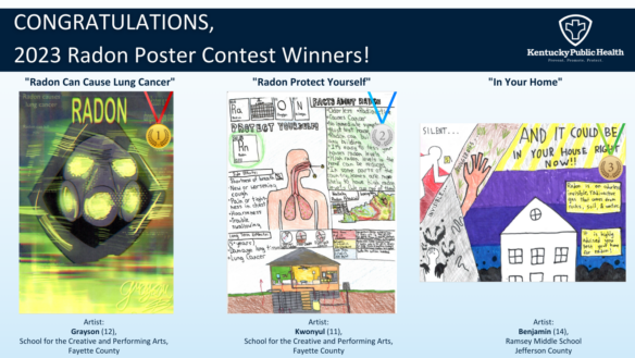 Graphic shows the three submissions that won the 2023 Radon Poster Contest: Grayson, Kwonyul and Benjamin.